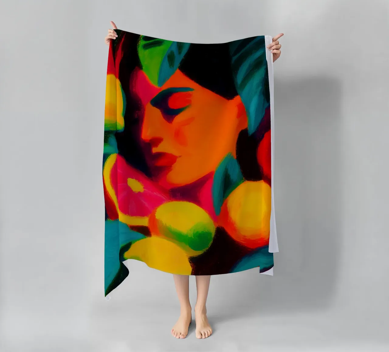 Tropical women's portrait | Fruity colour explosion beach towel by Autofocus