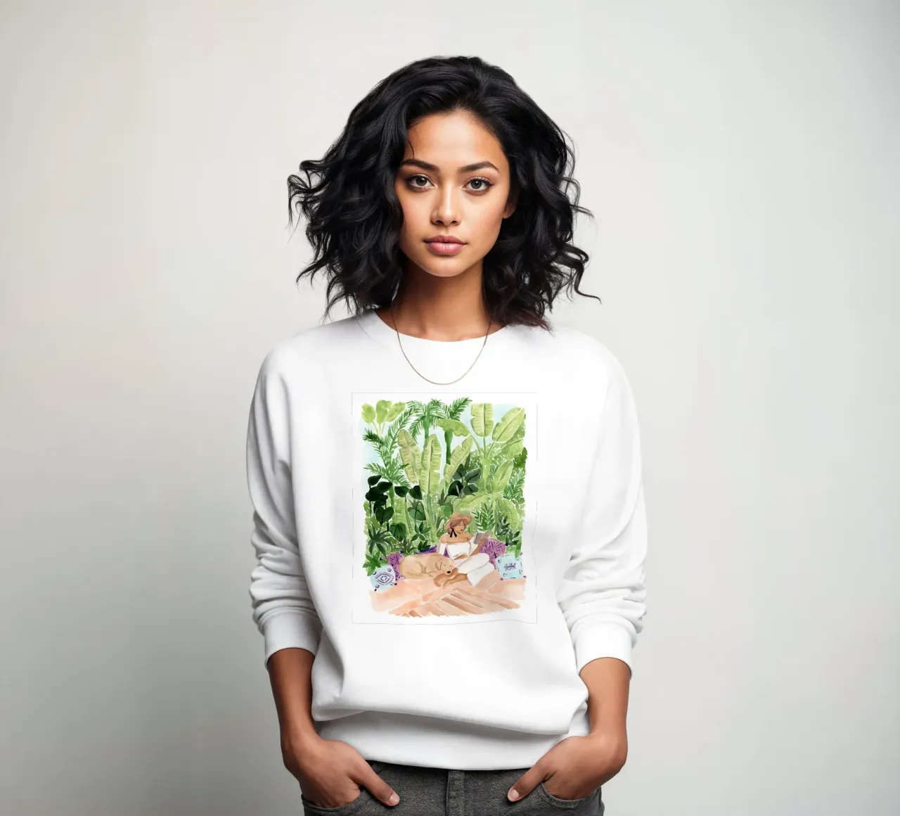 Mujer boho leyendo con perro, Gouache sudadera de janna shop