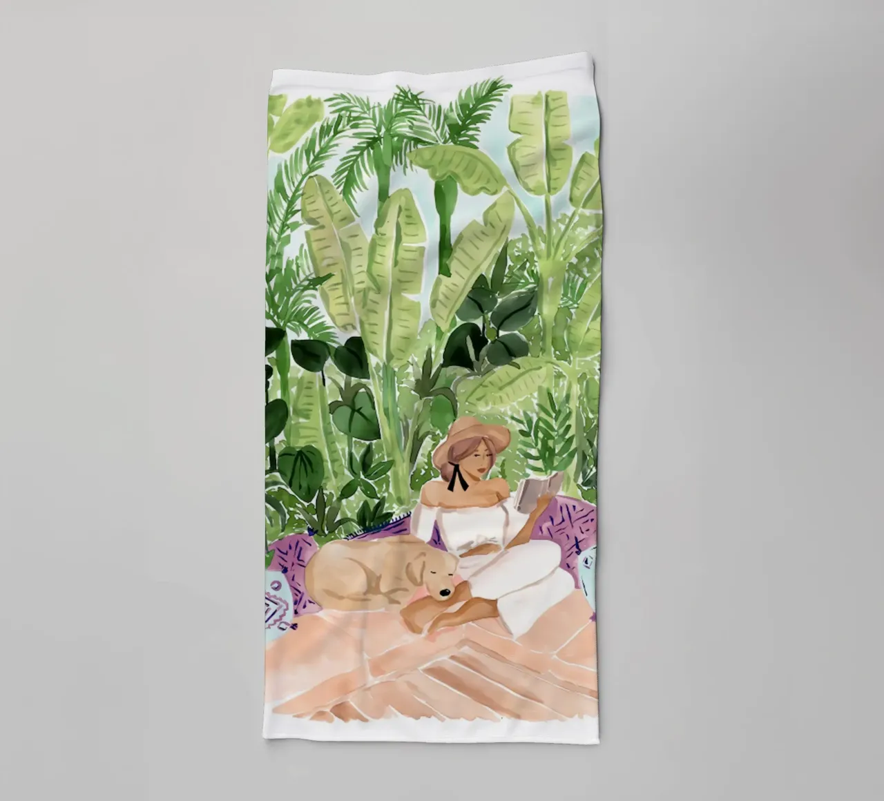 Femme boho lisant avec un chien, gouache serviette de bain de janna shop