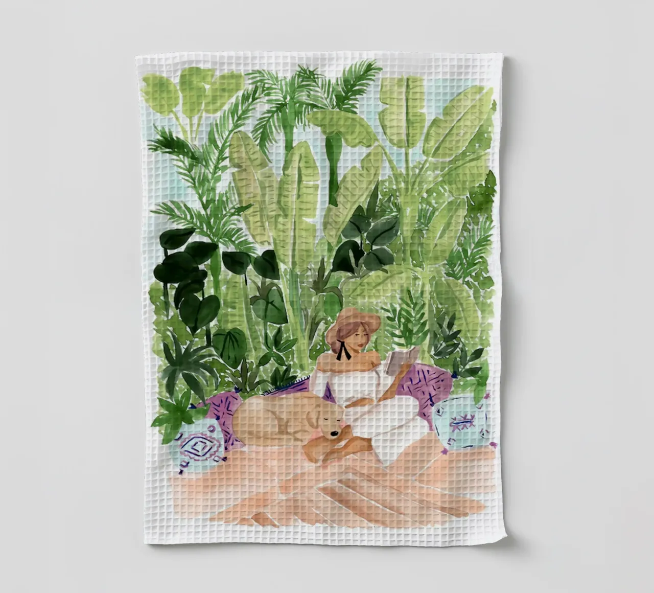 Femme boho lisant avec un chien, gouache torchon de janna shop