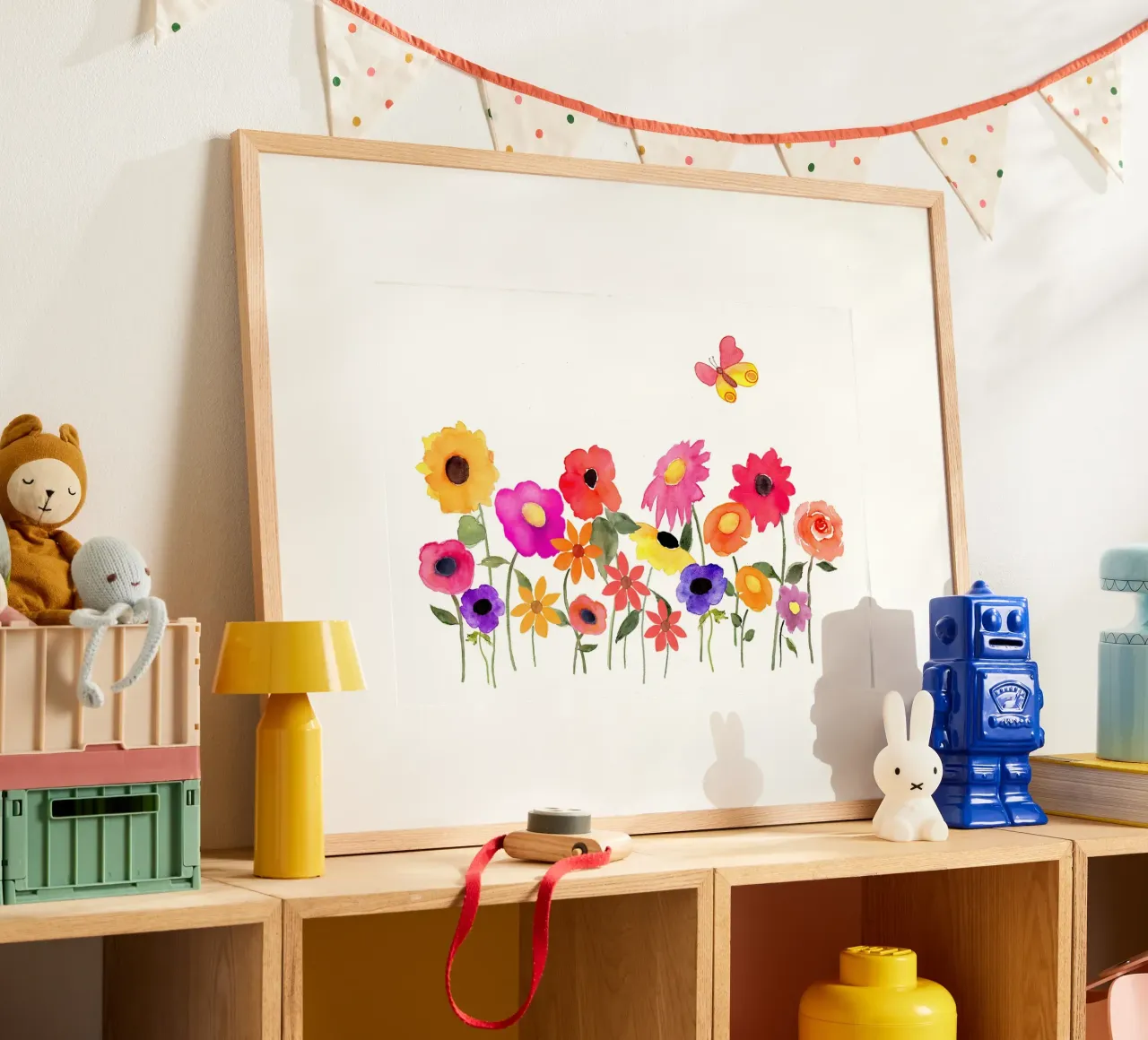 Sommerblumen mit Schmetterling poster with wooden frame by Farbwelten