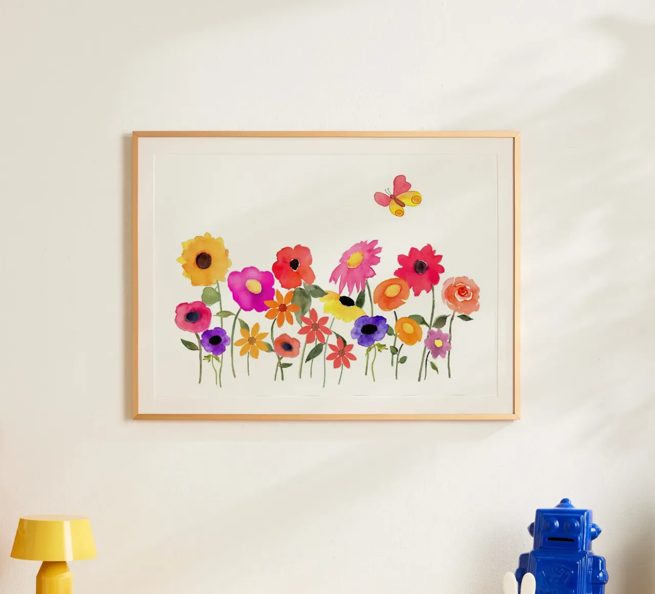 Sommerblumen mit Schmetterling poster with wooden frame by Farbwelten