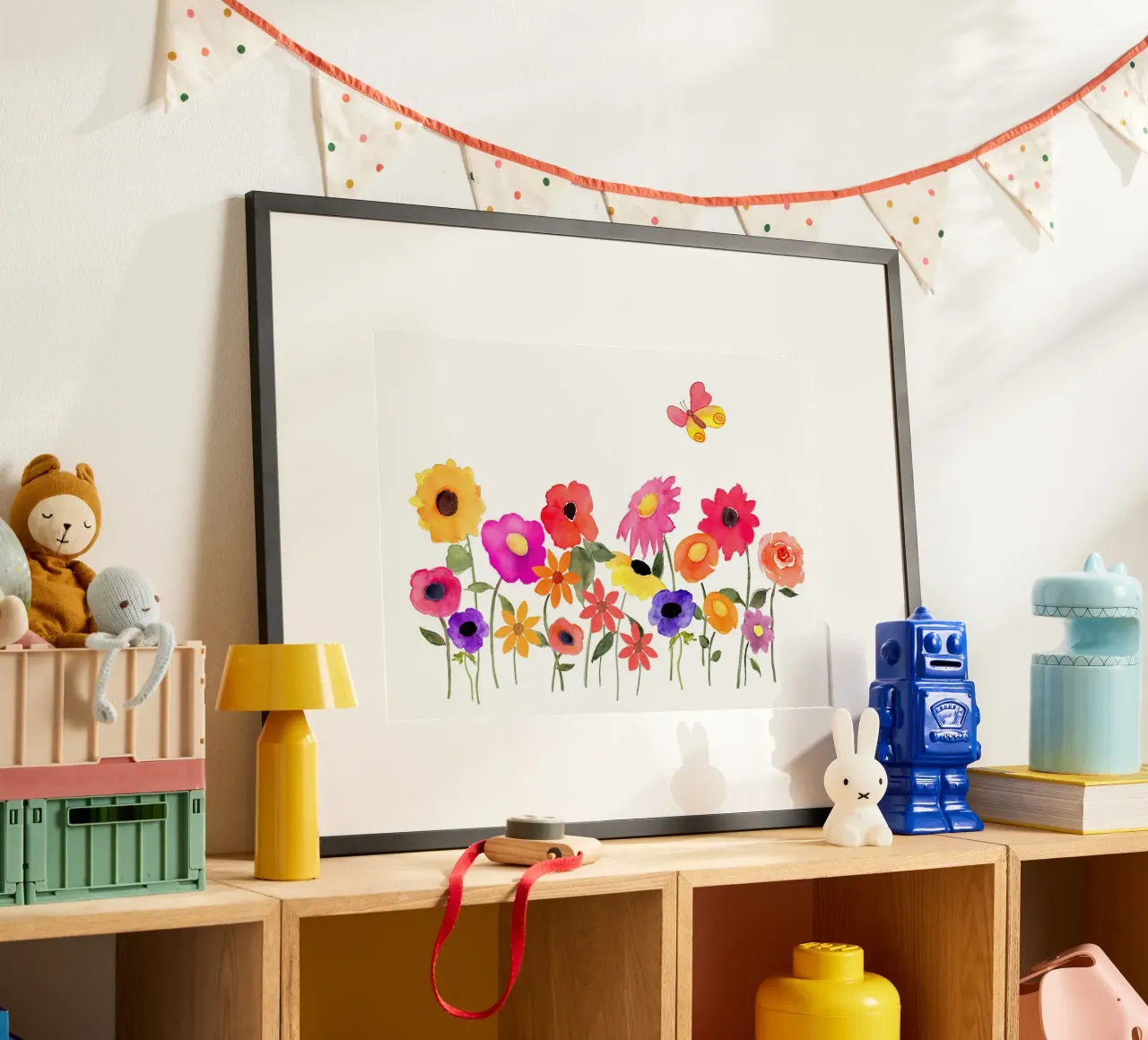 Sommerblumen mit Schmetterling poster with wooden frame by Farbwelten