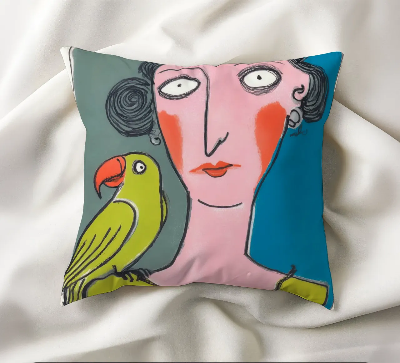 Donna pappagallo | Outsider art colorata neo-naif cuscino da Autofocus