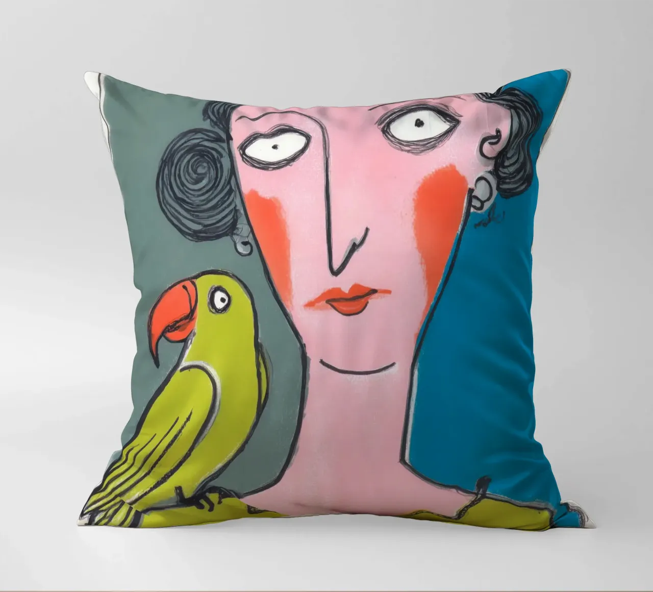 Donna pappagallo | Outsider art colorata neo-naif cuscino da Autofocus