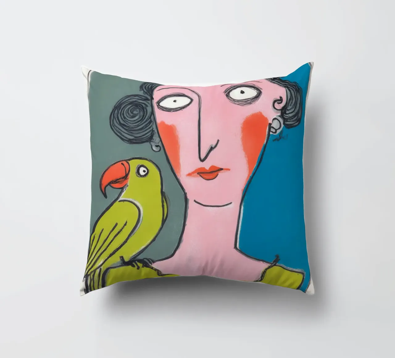 Donna pappagallo | Outsider art colorata neo-naif cuscino da Autofocus