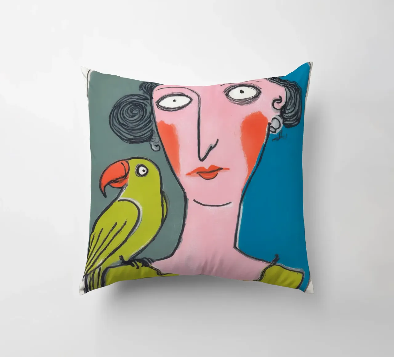 Donna pappagallo | Outsider art colorata neo-naif cuscino da Autofocus