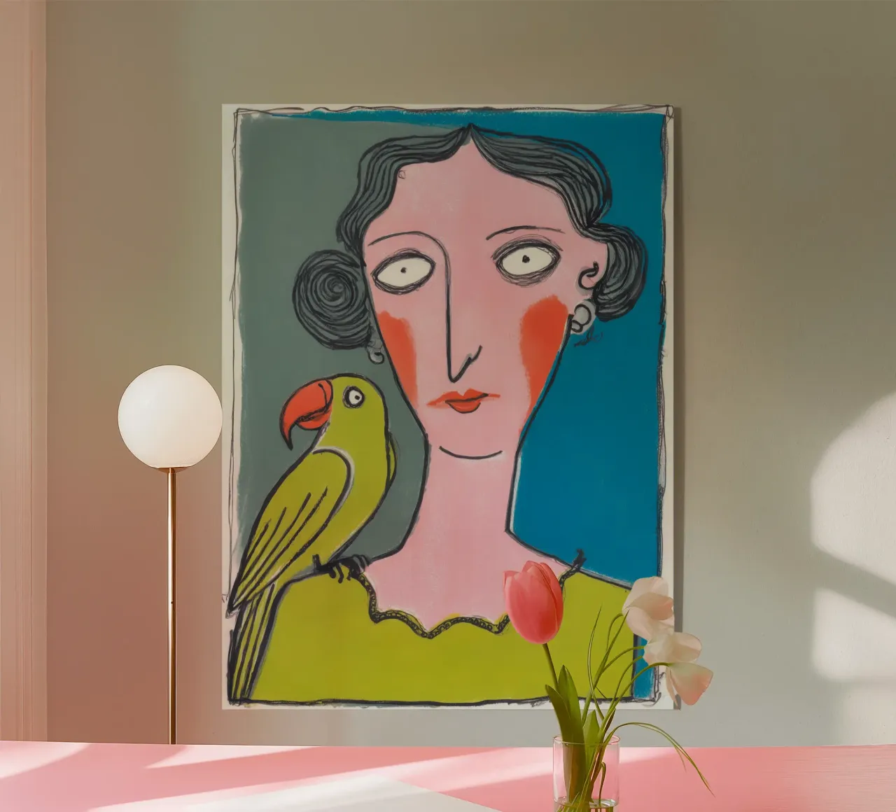 Donna pappagallo | Outsider art colorata neo-naif plexiglass da Autofocus
