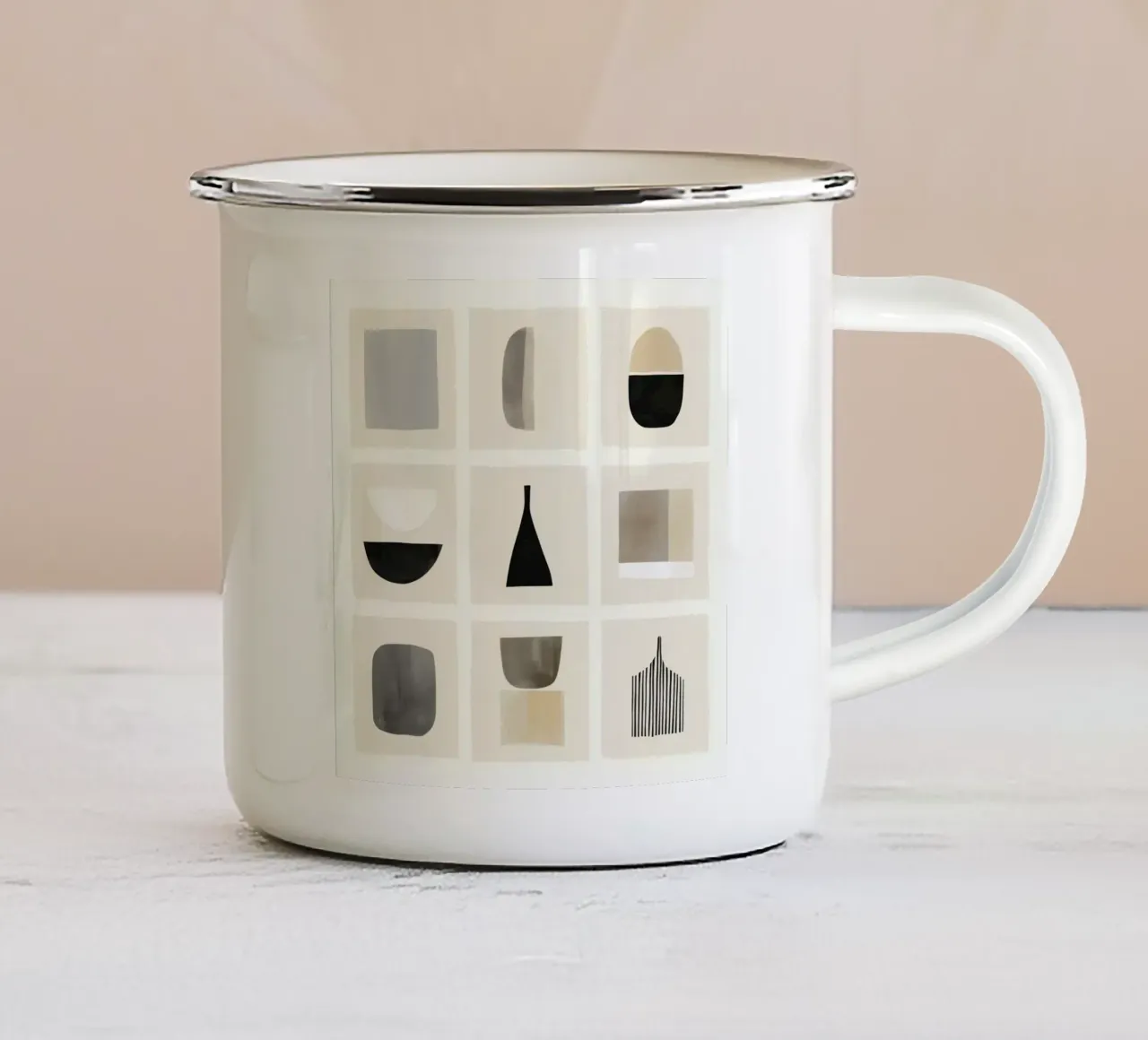 Zachte geometrie - hedendaagse boho-kunst emaille mok van Aralyn