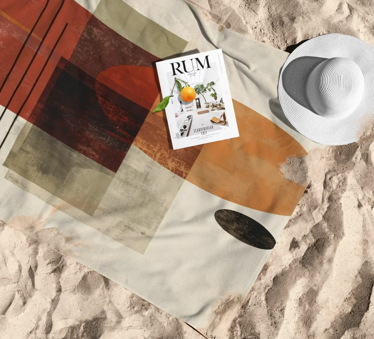 Retro Geometry Art in Rust and Beige beach towel by Aralyn