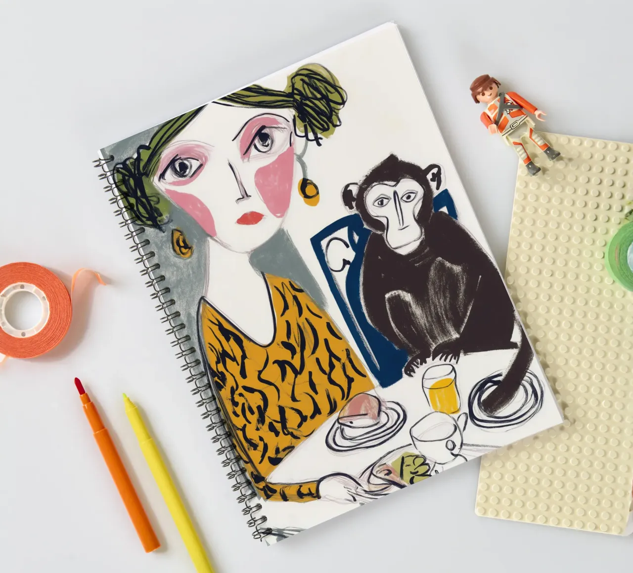 Breakfast with a friend | Surreal table scene spiral notebook by Autofocus