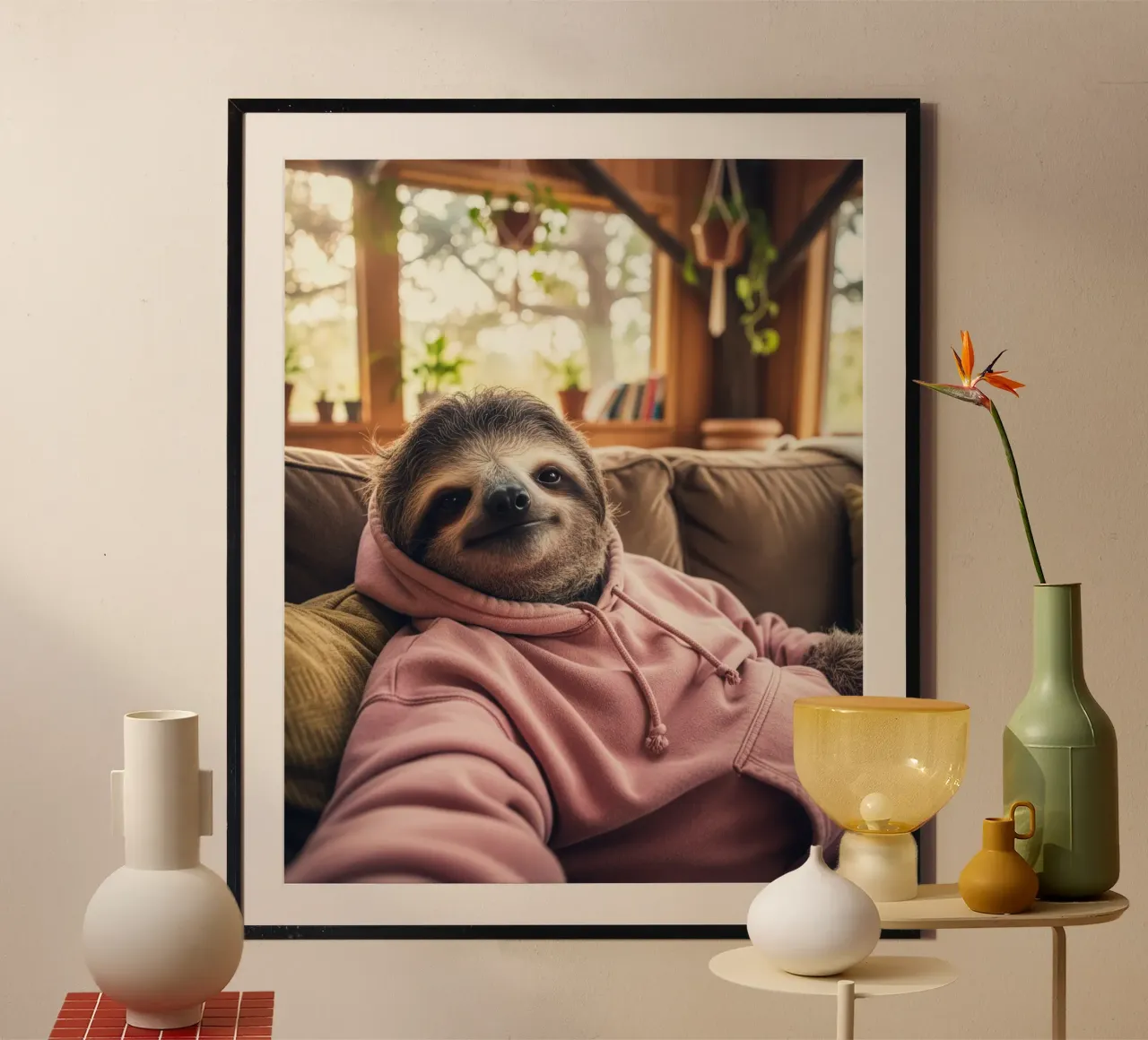 Sloth in hoodie relaxing, funny animals, selfie poster by SlothStella