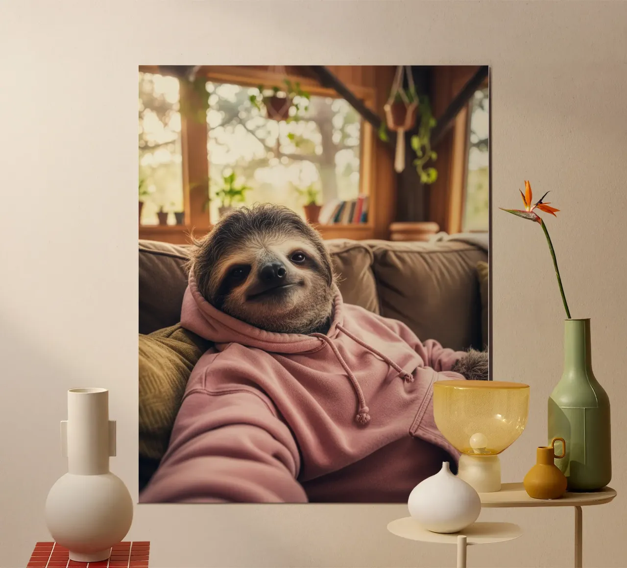Sloth in hoodie relaxing, funny animals, selfie poster by SlothStella