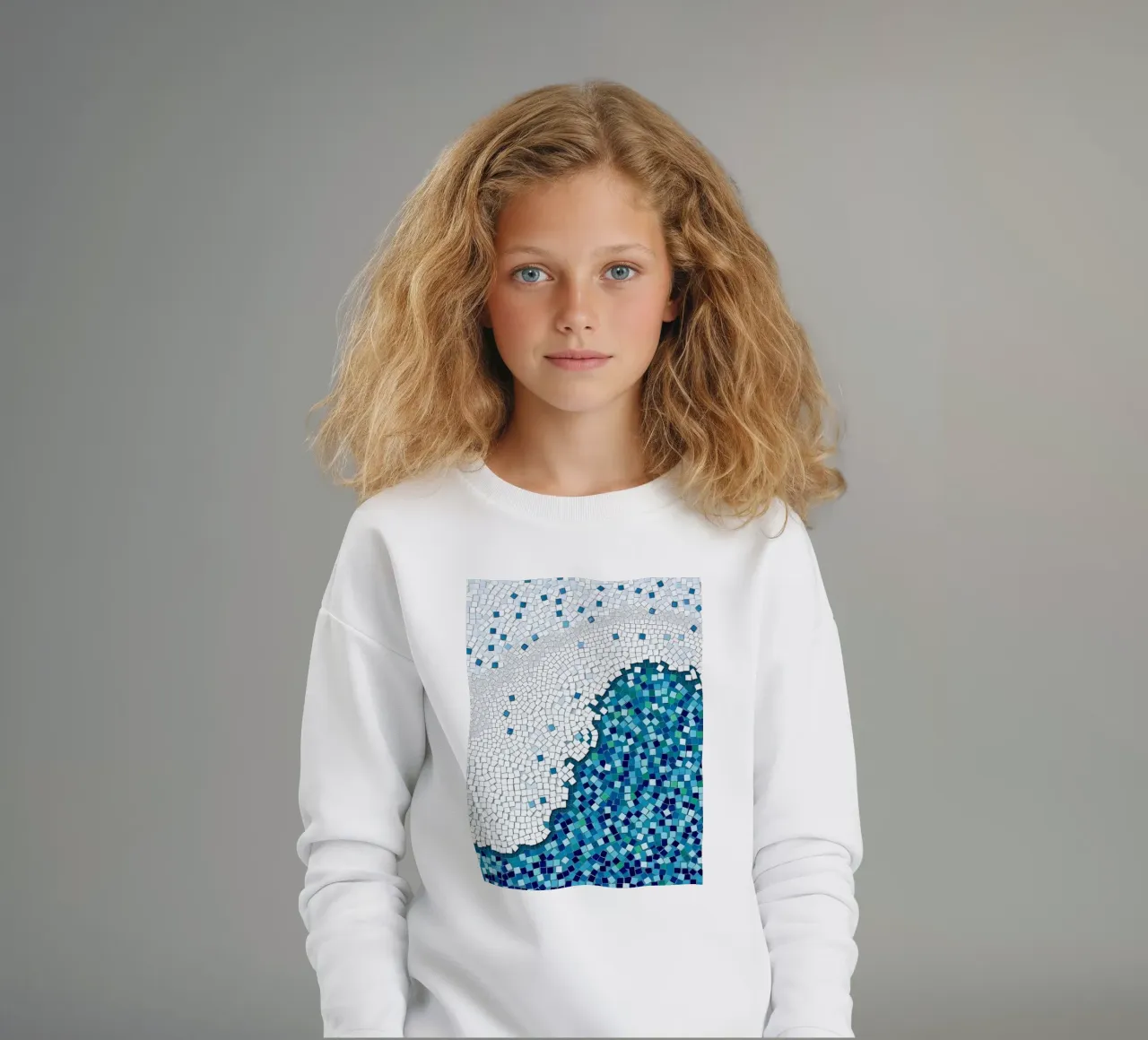 Marea tranquilla: un'onda serena in mosaico blu e bianco felpa bambino da Artistic-shop