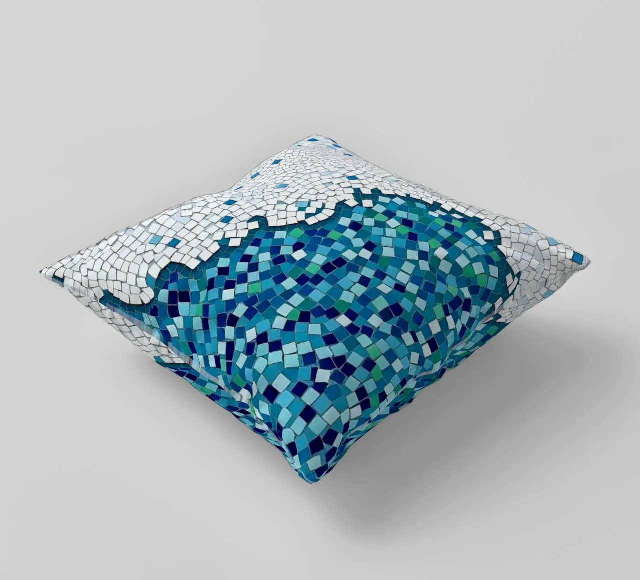 Marea tranquilla: un'onda serena in mosaico blu e bianco cuscino da Artistic-shop
