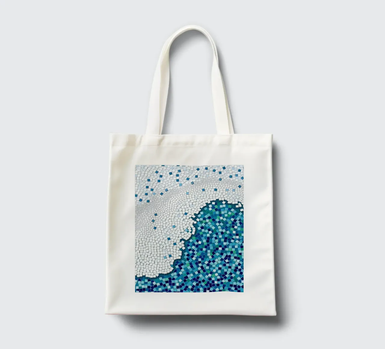 Marea tranquilla: un'onda serena in mosaico blu e bianco borsa in juta da Artistic-shop