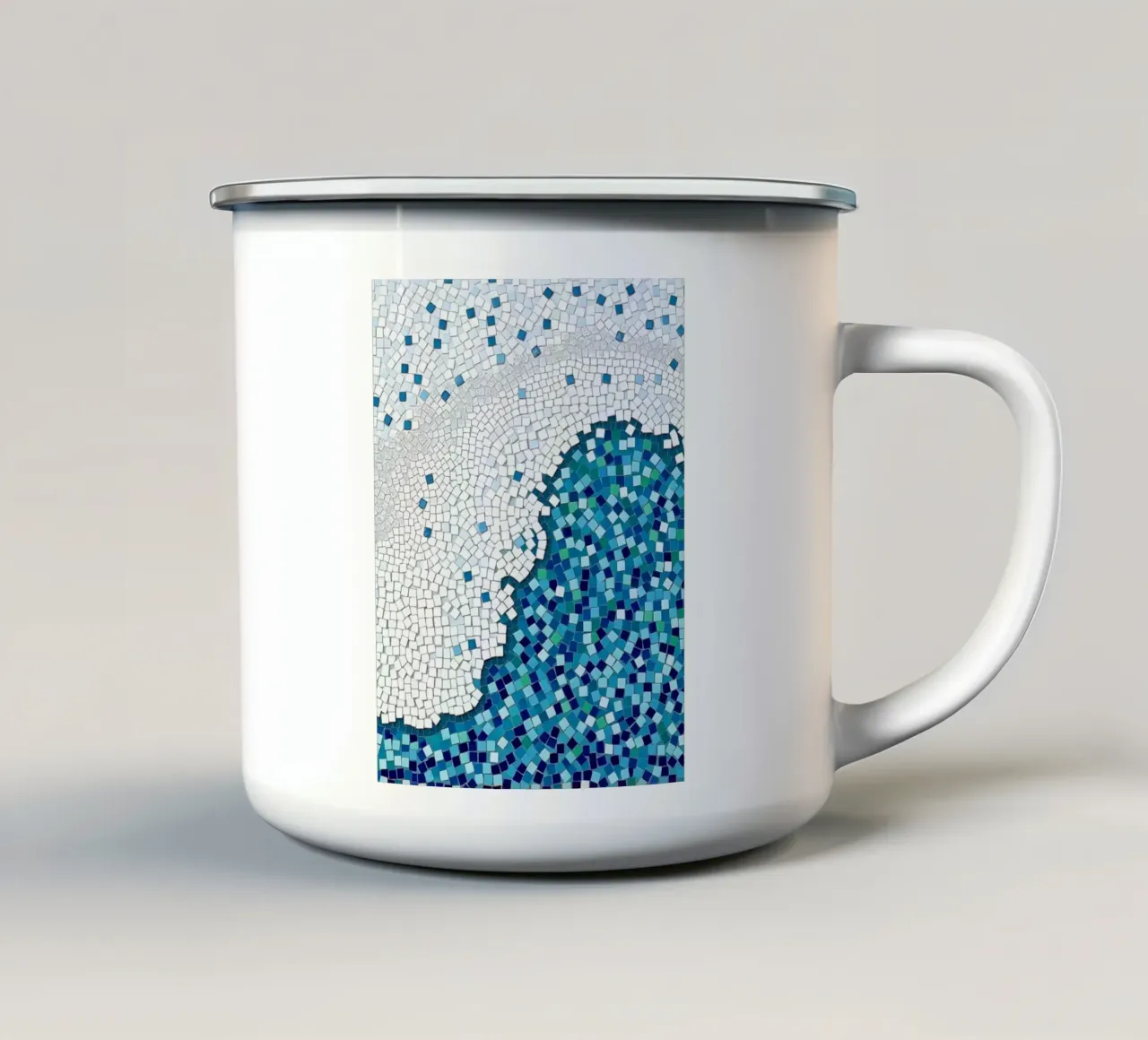 Marea tranquilla: un'onda serena in mosaico blu e bianco tazza in smalto da Artistic-shop