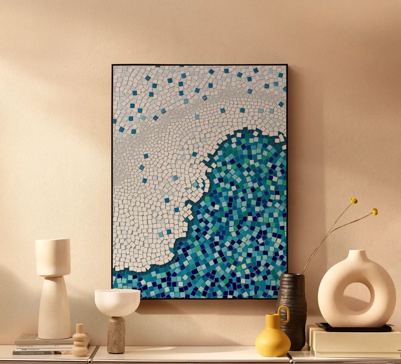 Marea tranquilla: un'onda serena in mosaico blu e bianco plexiglass da Artistic-shop