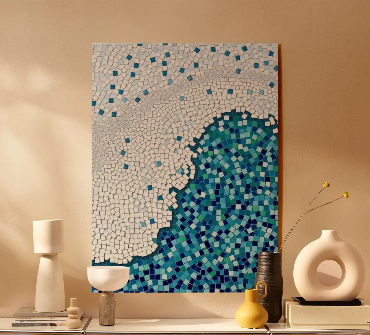 Marea tranquilla: un'onda serena in mosaico blu e bianco plexiglass da Artistic-shop