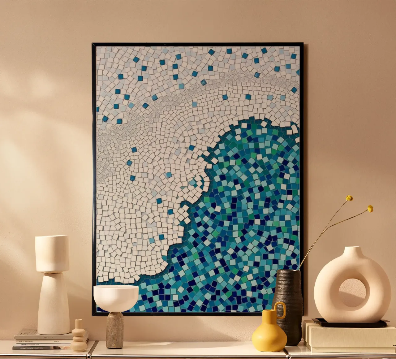 Marea tranquilla: un'onda serena in mosaico blu e bianco carta hahnemühle da Artistic-shop