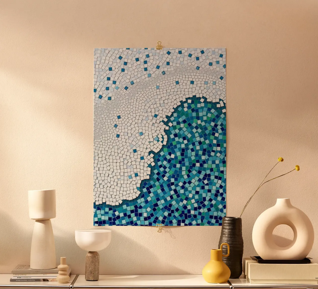 Marea tranquilla: un'onda serena in mosaico blu e bianco carta hahnemühle da Artistic-shop