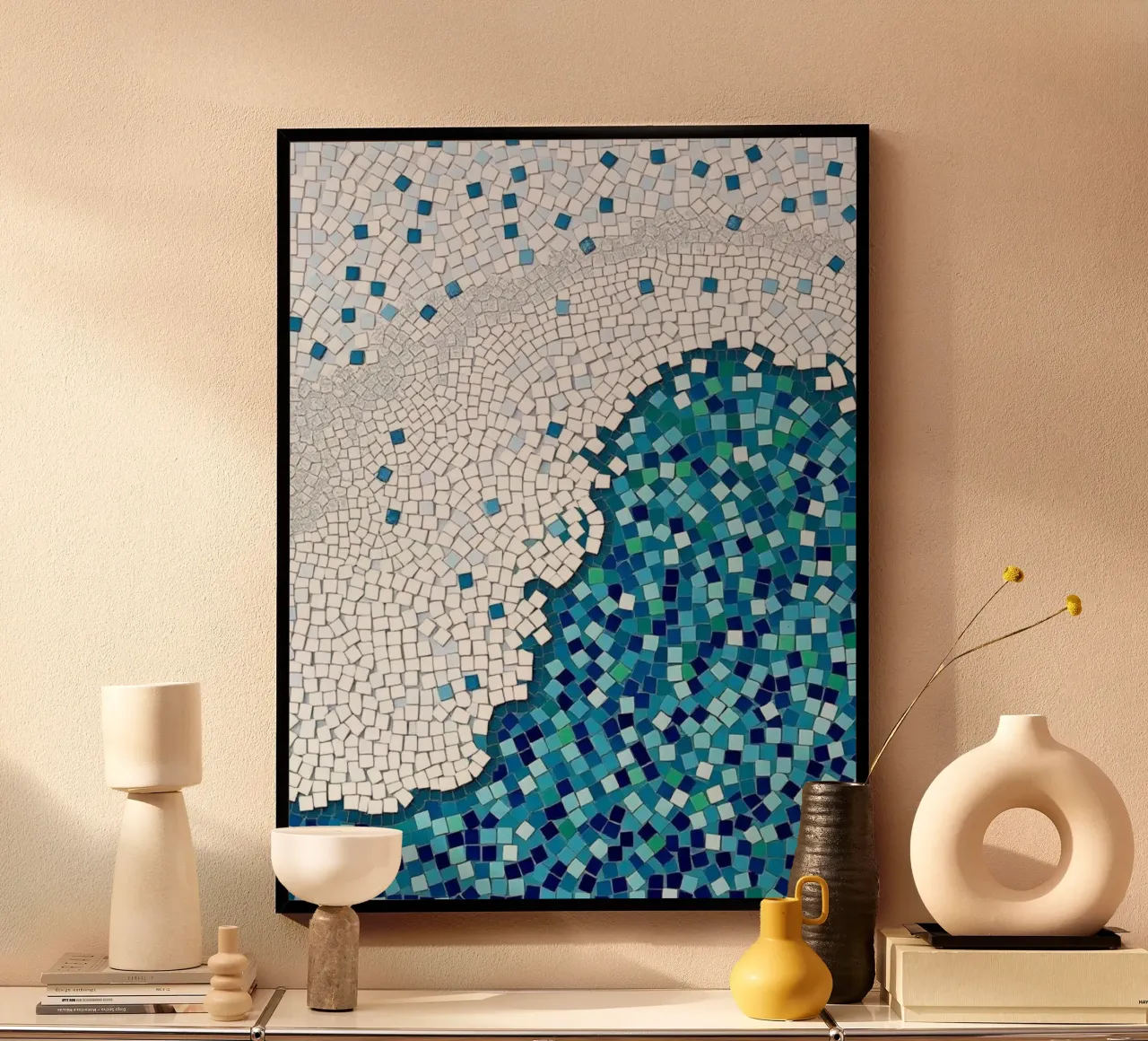 Marea tranquilla: un'onda serena in mosaico blu e bianco carta hahnemühle da Artistic-shop