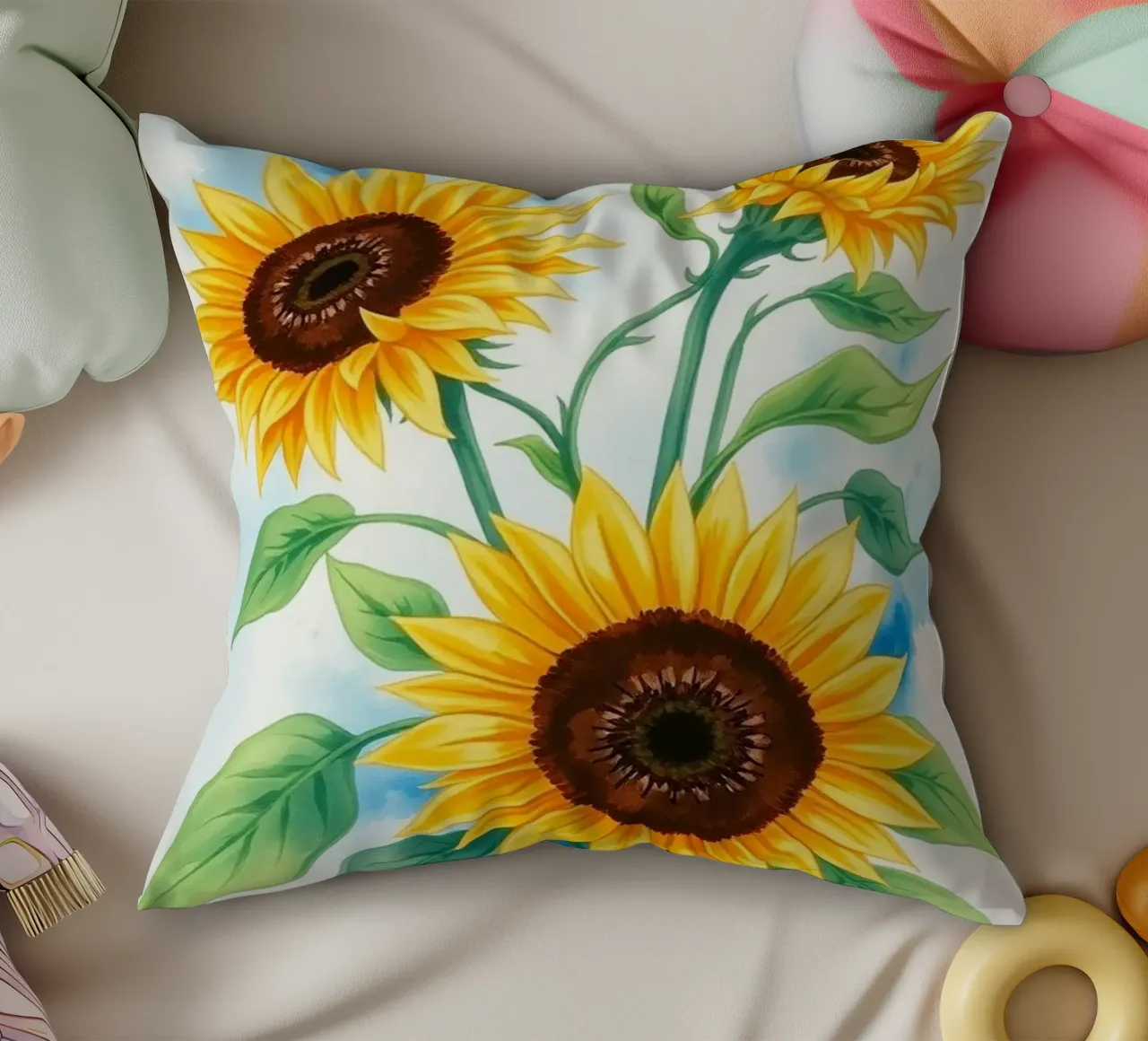 Radiosità dorata: Un trittico di acquerelli vibranti cuscino da Artistic-shop