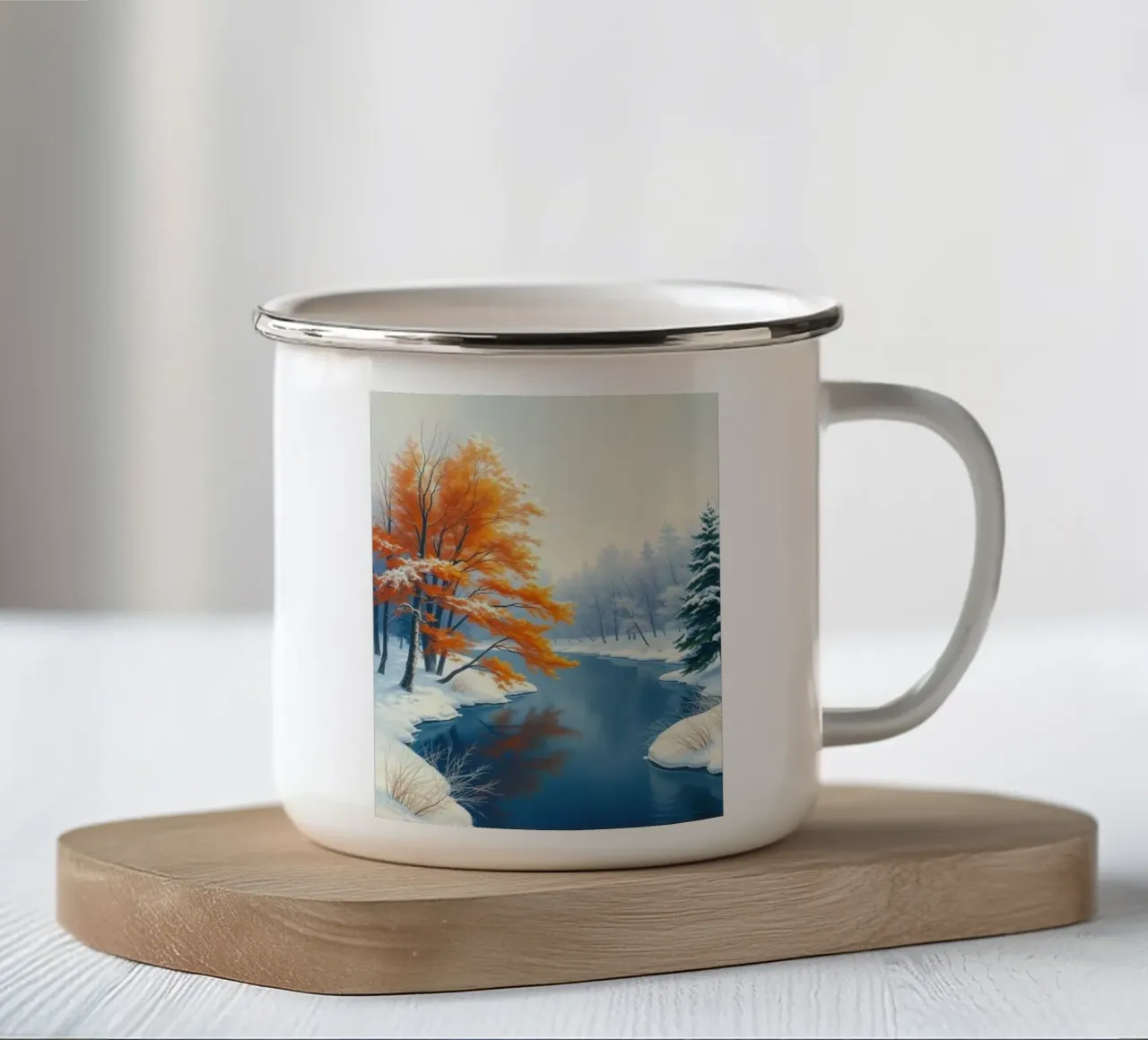L'abbraccio dell'inverno: Il duraturo splendore dell'autunno tazza in smalto da Artistic-shop