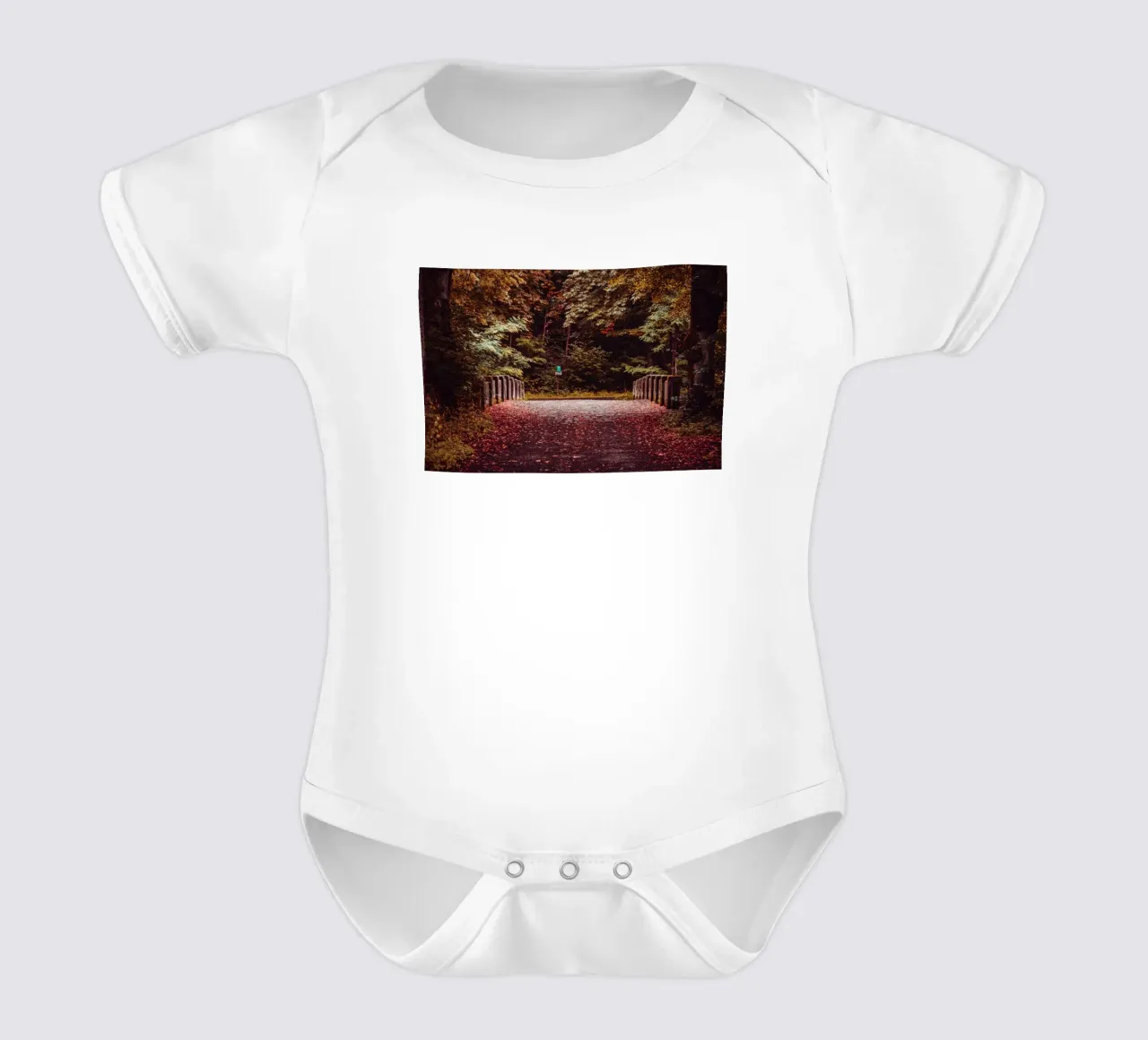 Lonely bridge in autumn | Autumn leaves | Forest & trees short-sleeve baby romper by Bold and Retro