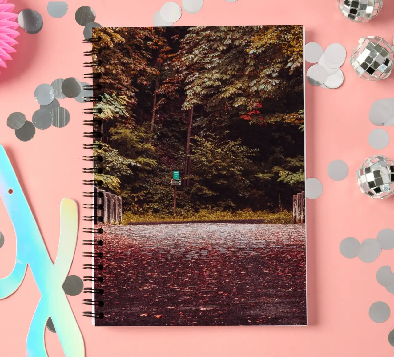 Lonely bridge in autumn | Autumn leaves | Forest & trees spiral notebook by Bold and Retro