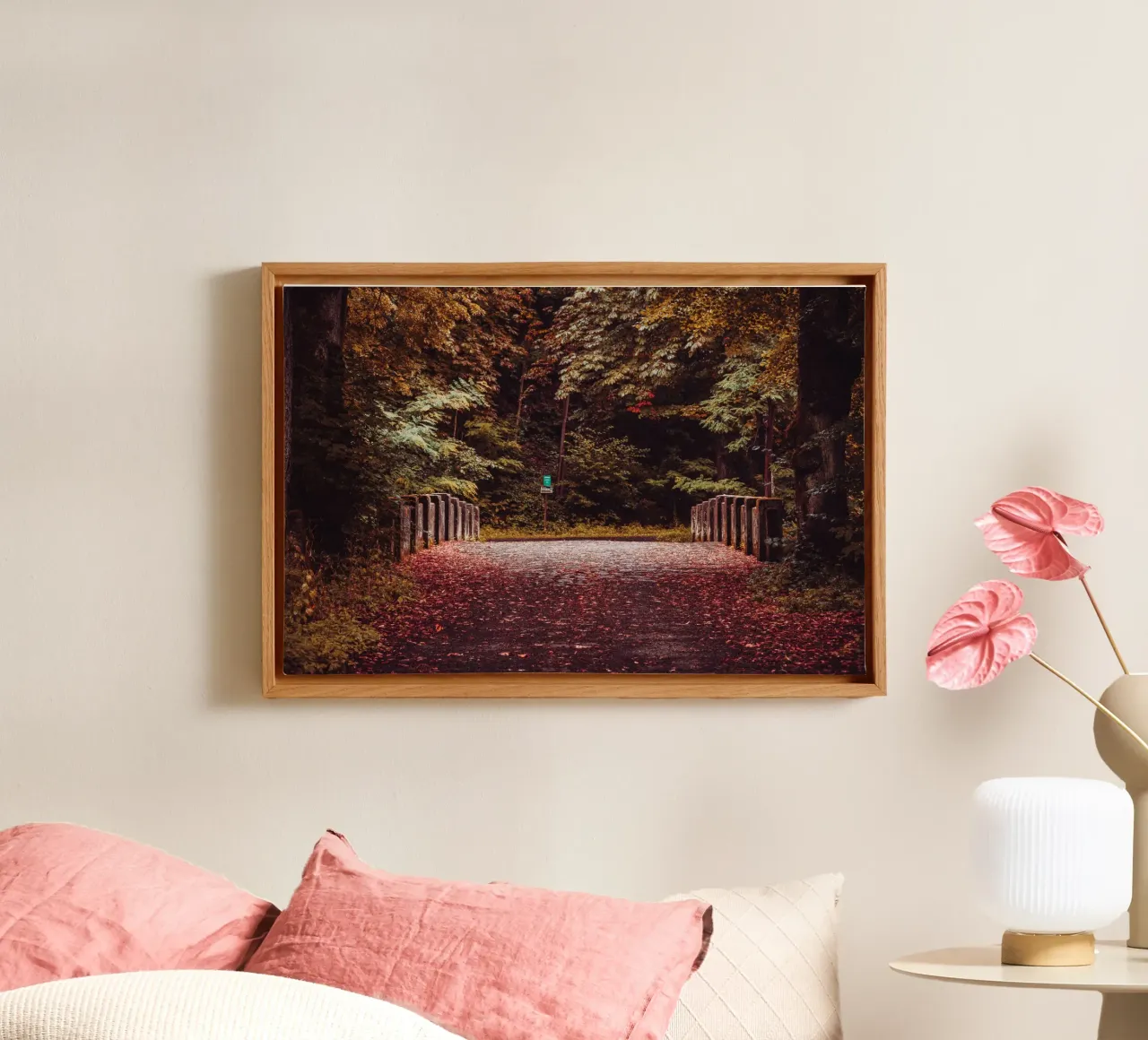 Lonely bridge in autumn | Autumn leaves | Forest & trees canvas by Bold and Retro