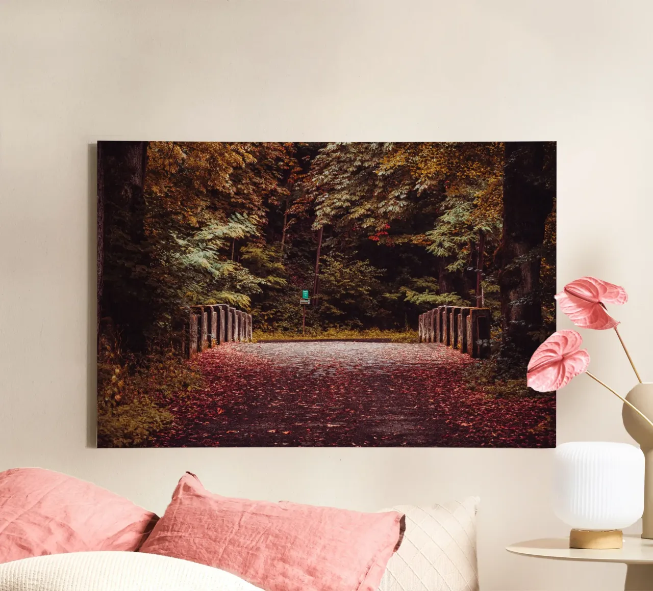 Lonely bridge in autumn | Autumn leaves | Forest & trees canvas by Bold and Retro