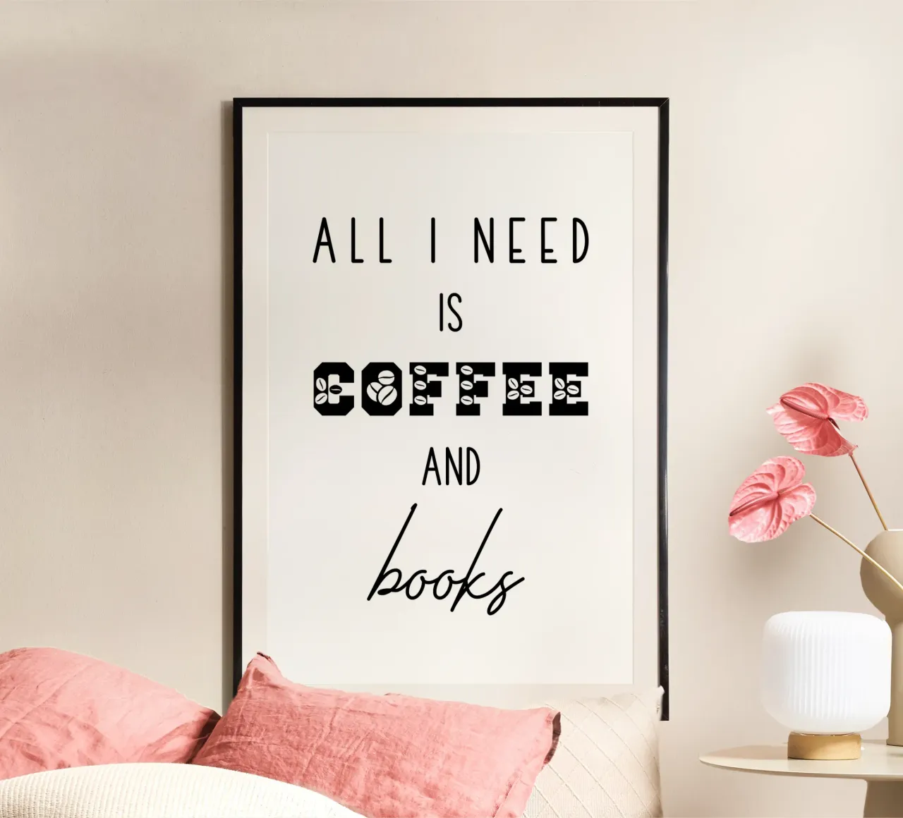 Tutto ciò di cui ho bisogno è caffè e libri poster con telaio in legno da Shark Printables