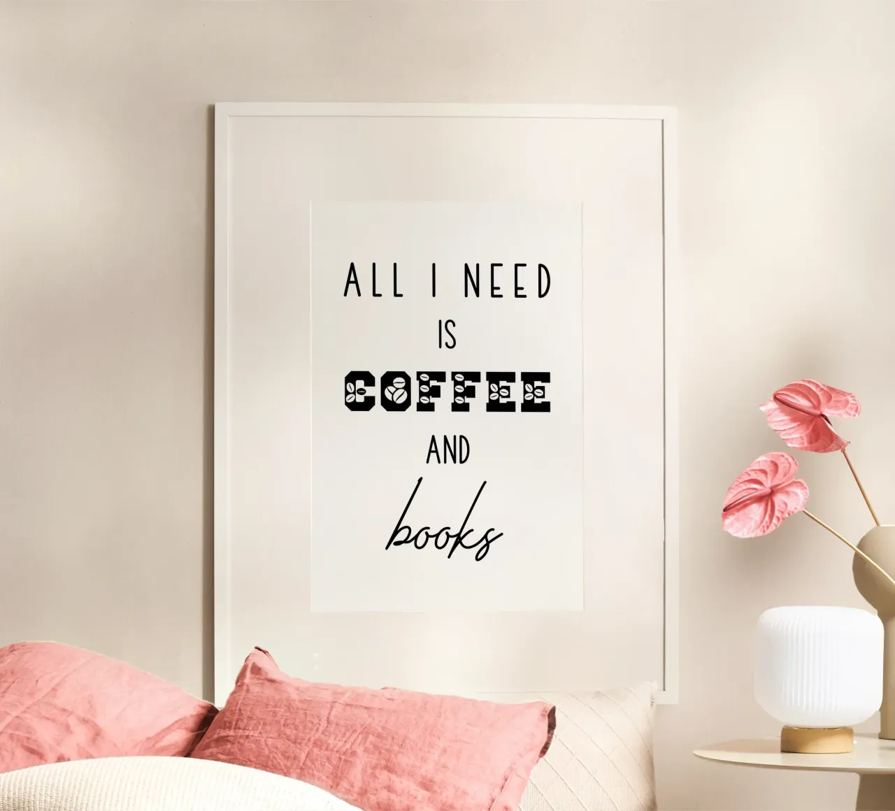 Tutto ciò di cui ho bisogno è caffè e libri poster con telaio in legno da Shark Printables