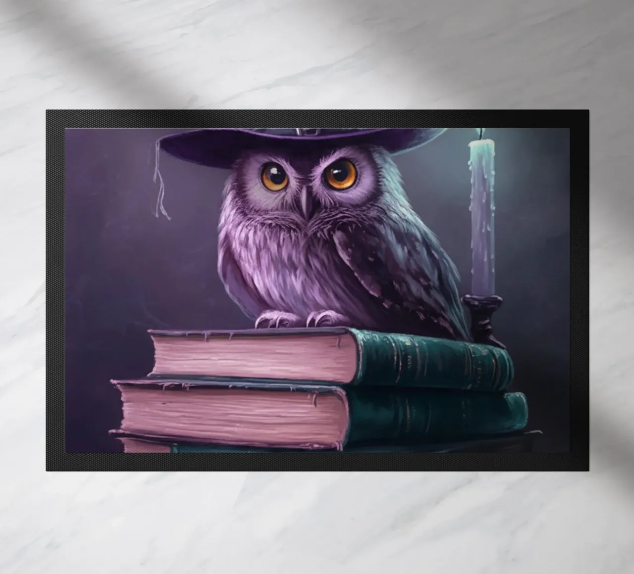 disegno di gufo e libro zerbino da edelweiz