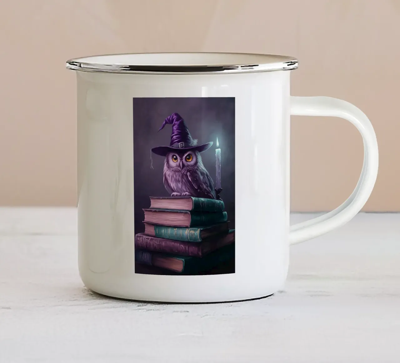 disegno di gufo e libro tazza in smalto da edelweiz