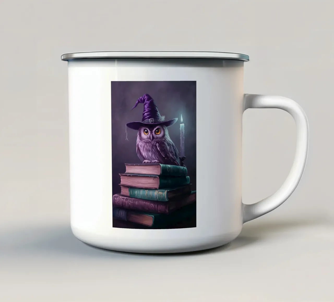 disegno di gufo e libro tazza in smalto da edelweiz