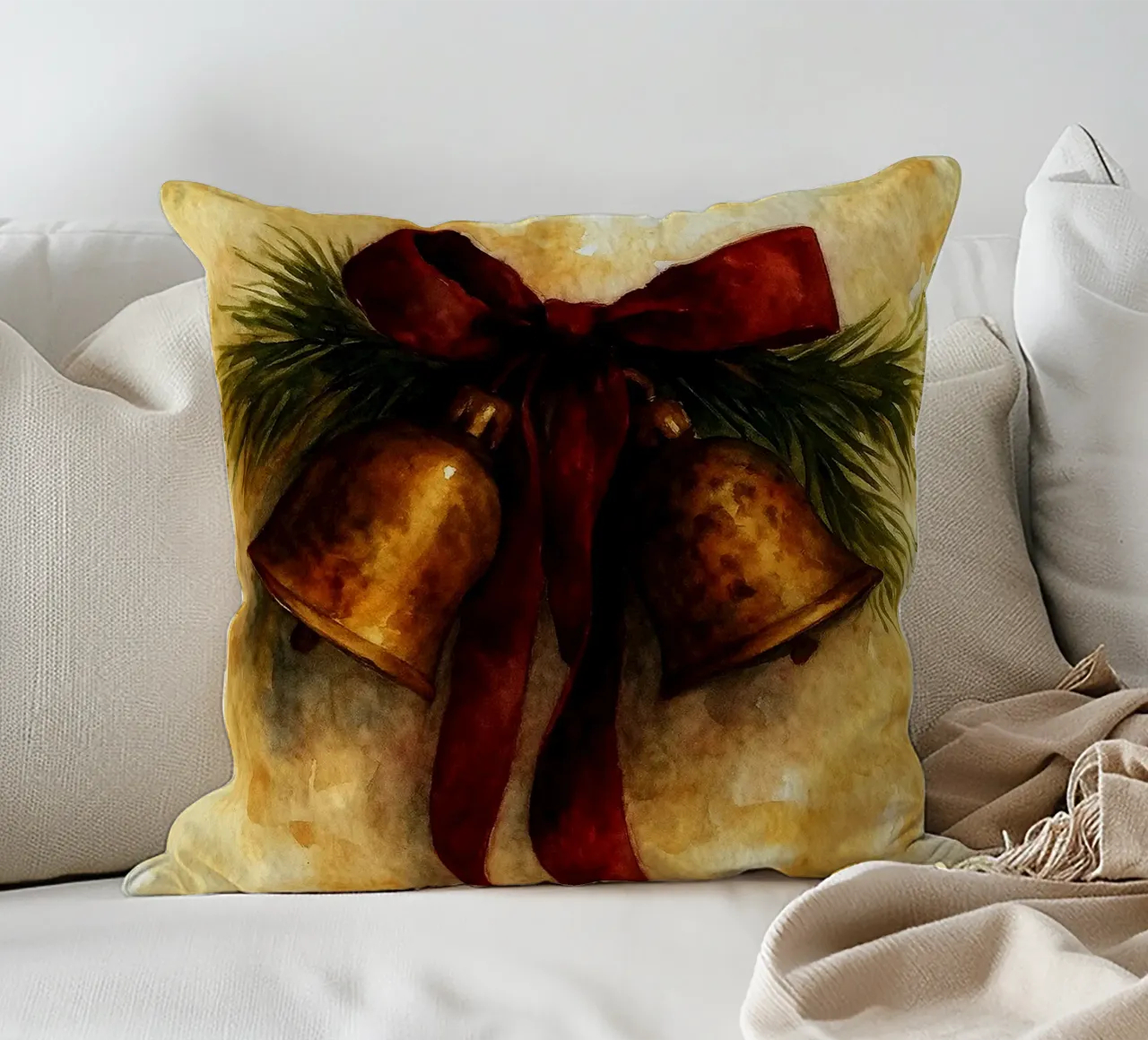 dipinto natalizio con campana in ottone cuscino da aztera