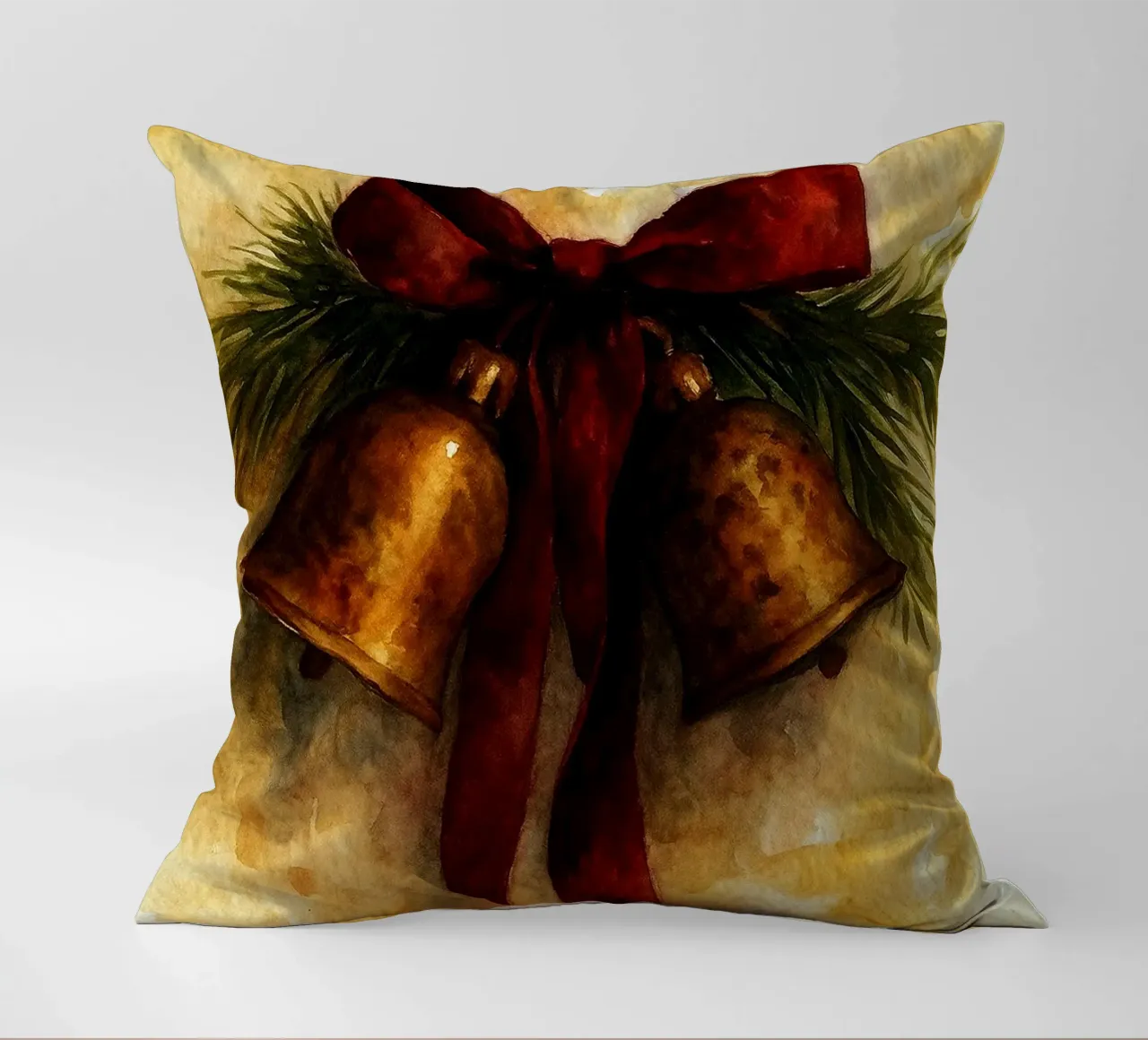 dipinto natalizio con campana in ottone cuscino da aztera