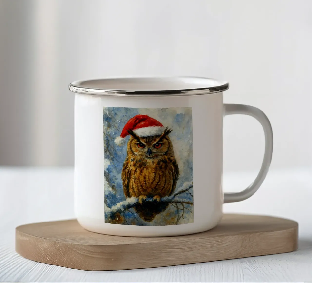 gufo cappello di Babbo Natale pittura di Natale tazza in smalto da aztera