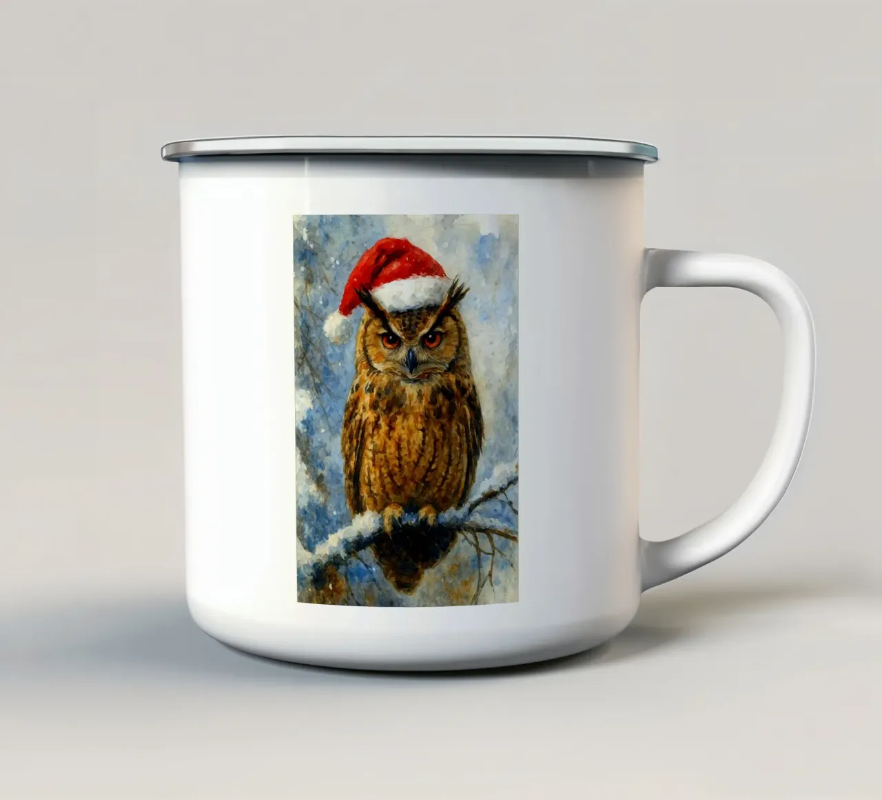 gufo cappello di Babbo Natale pittura di Natale tazza in smalto da aztera