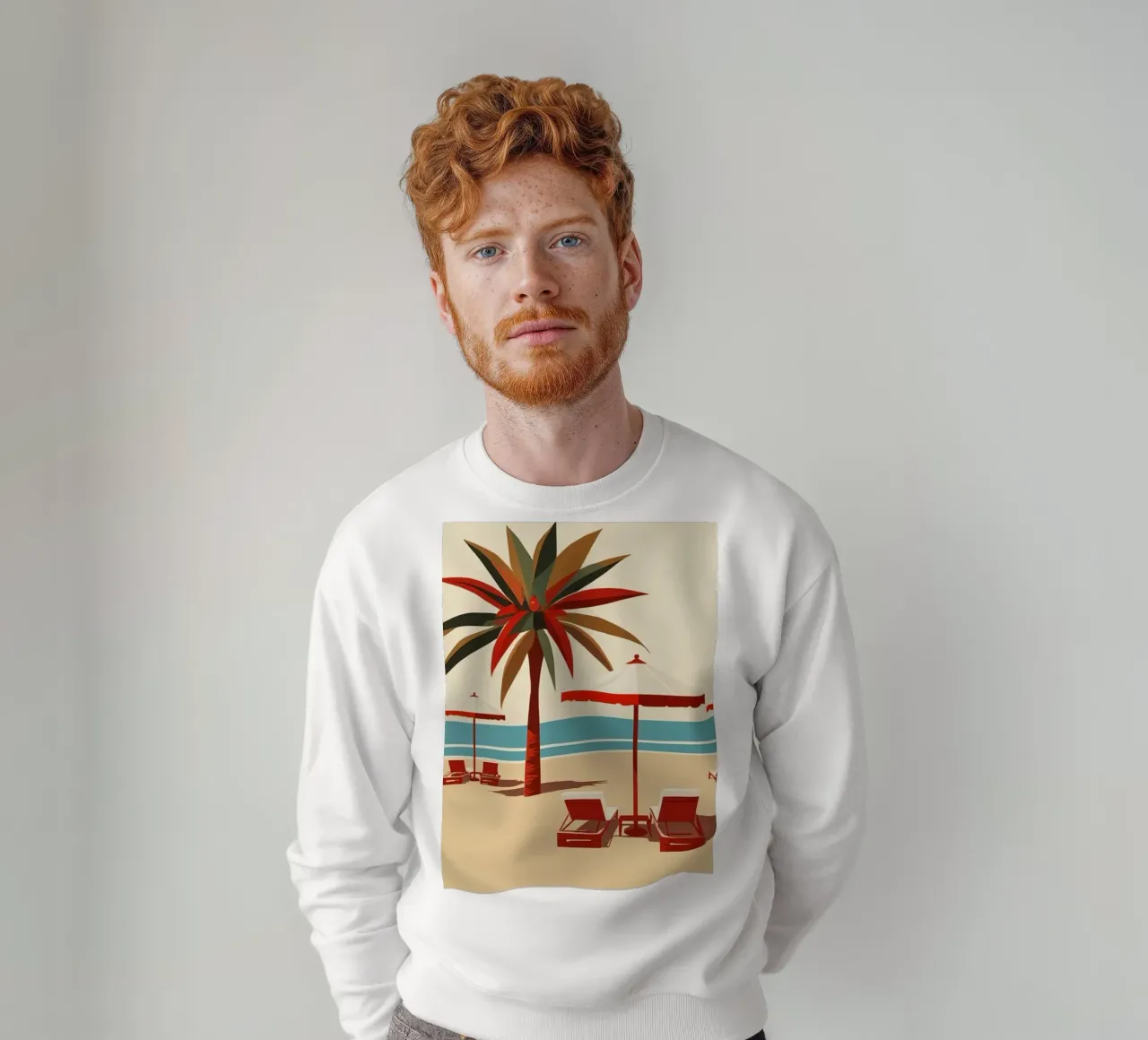 Scena di spiaggia con palme, ombrelloni e sedie a sdraio felpa da DesignDoodle