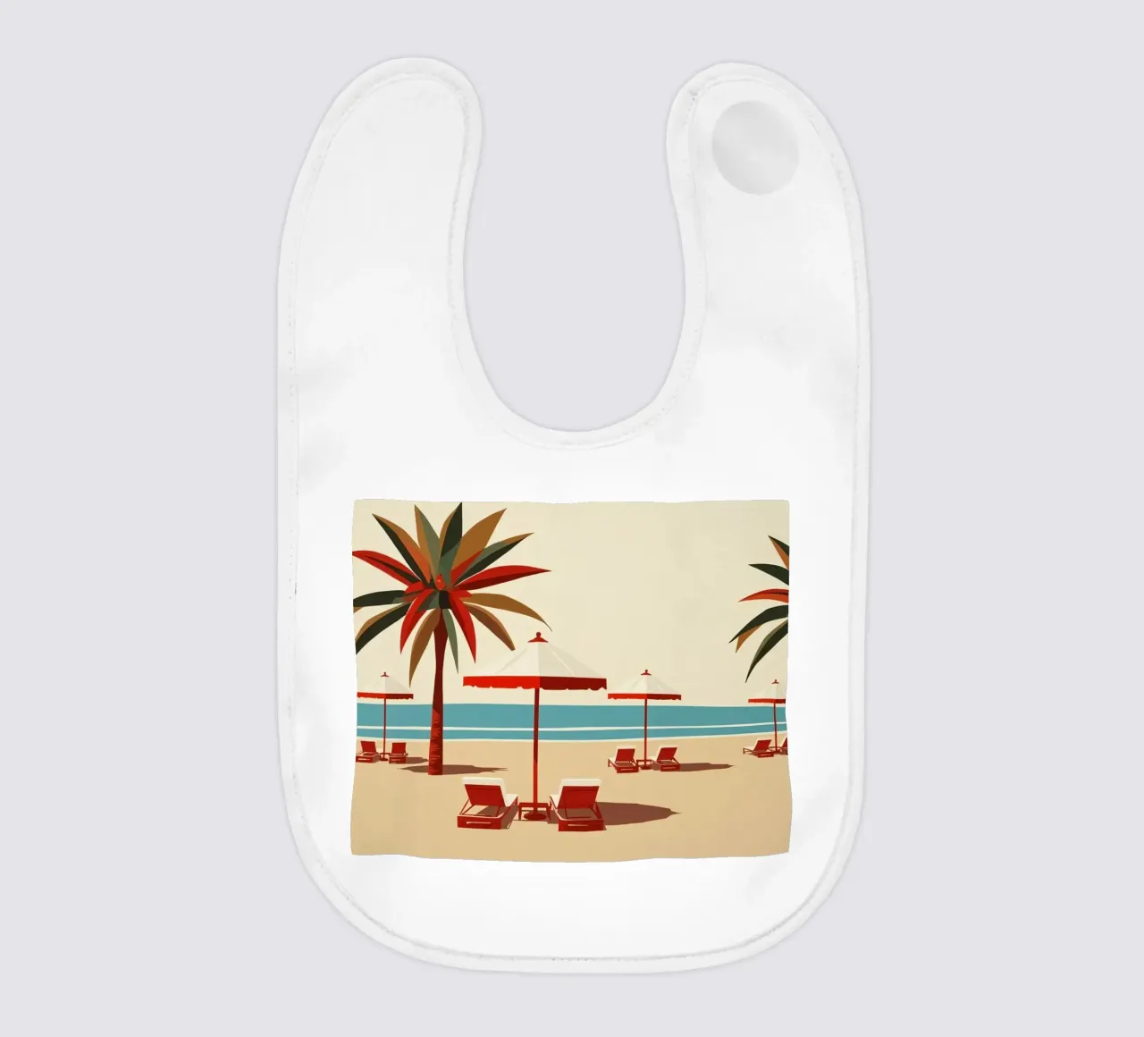 Scena di spiaggia con palme, ombrelloni e sedie a sdraio bavaglino da DesignDoodle