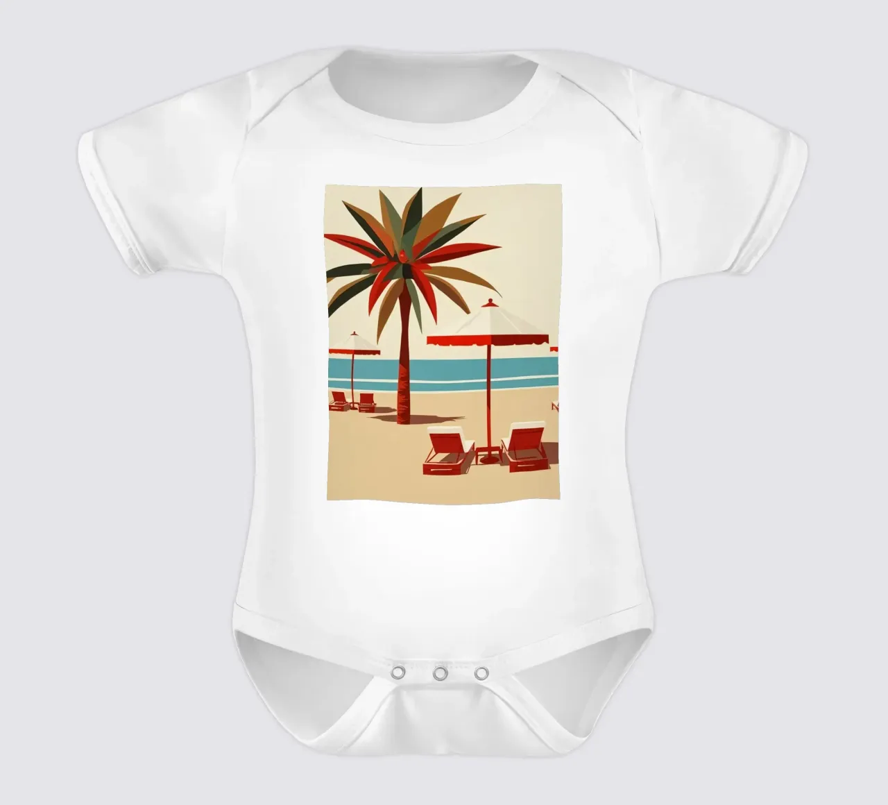 Beach Scene with Palm Trees Umbrellas and Lounge Chairs short-sleeve baby romper by DesignDoodle