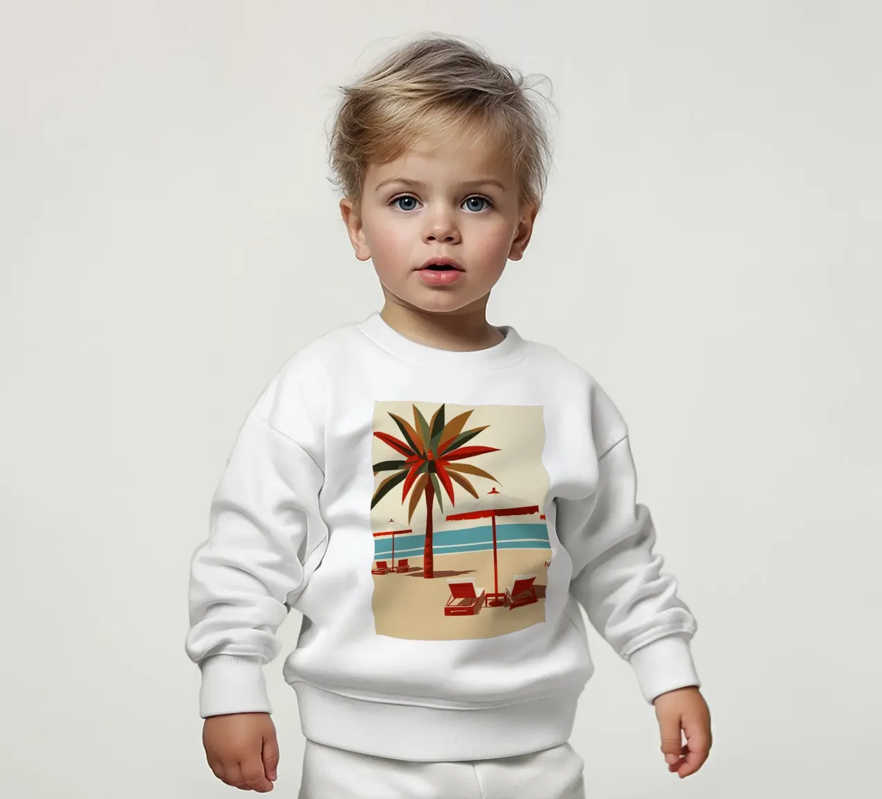 Scena di spiaggia con palme, ombrelloni e sedie a sdraio felpa neonato da DesignDoodle