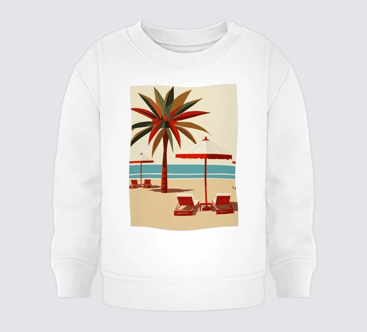 Scena di spiaggia con palme, ombrelloni e sedie a sdraio felpa neonato da DesignDoodle