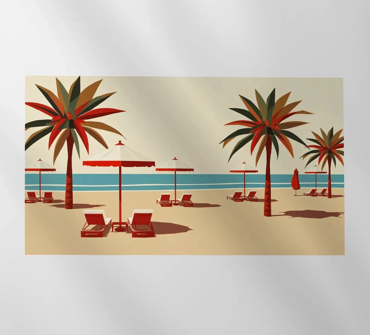 Scena di spiaggia con palme, ombrelloni e sedie a sdraio pellicola backlit da DesignDoodle