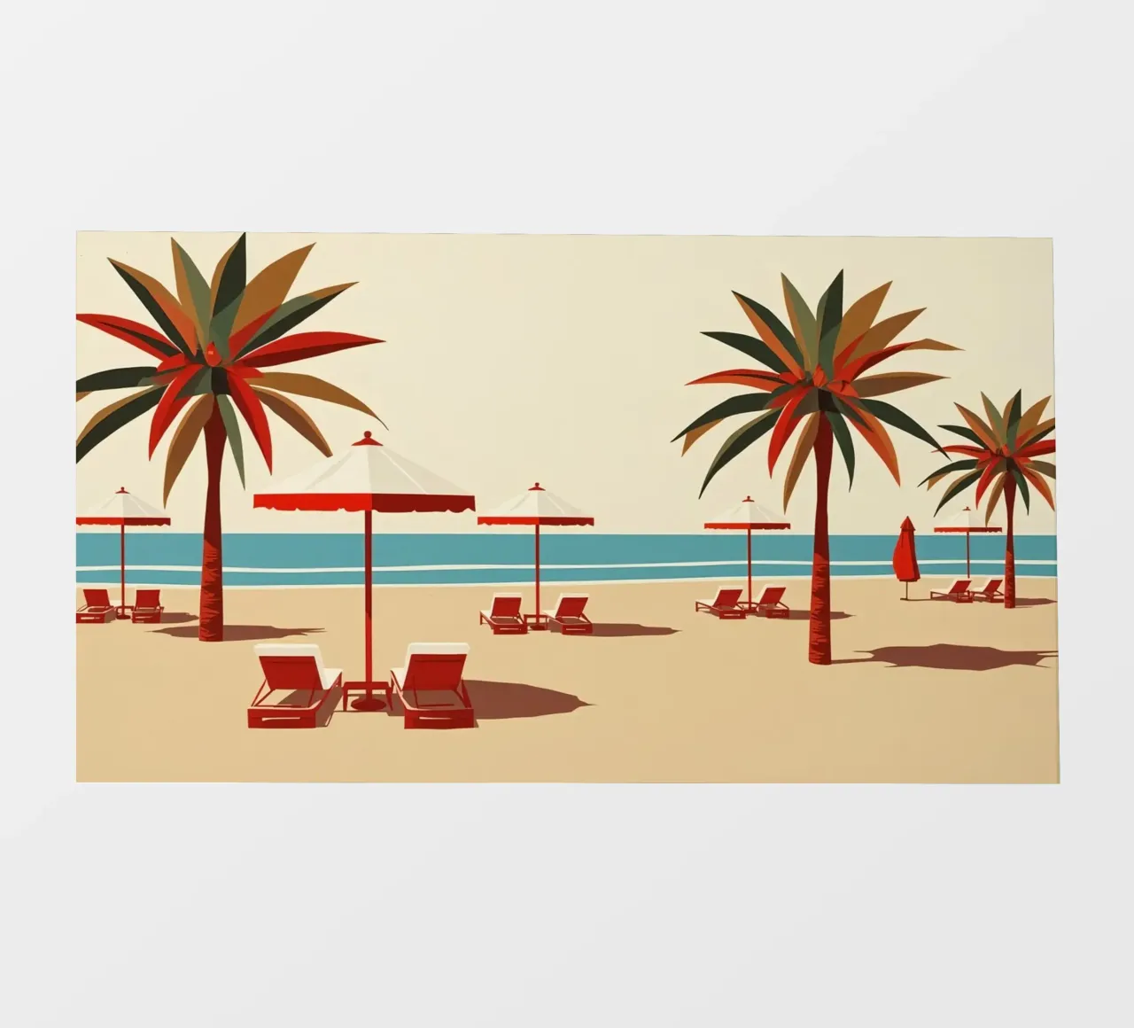 Scena di spiaggia con palme, ombrelloni e sedie a sdraio pellicola backlit da DesignDoodle