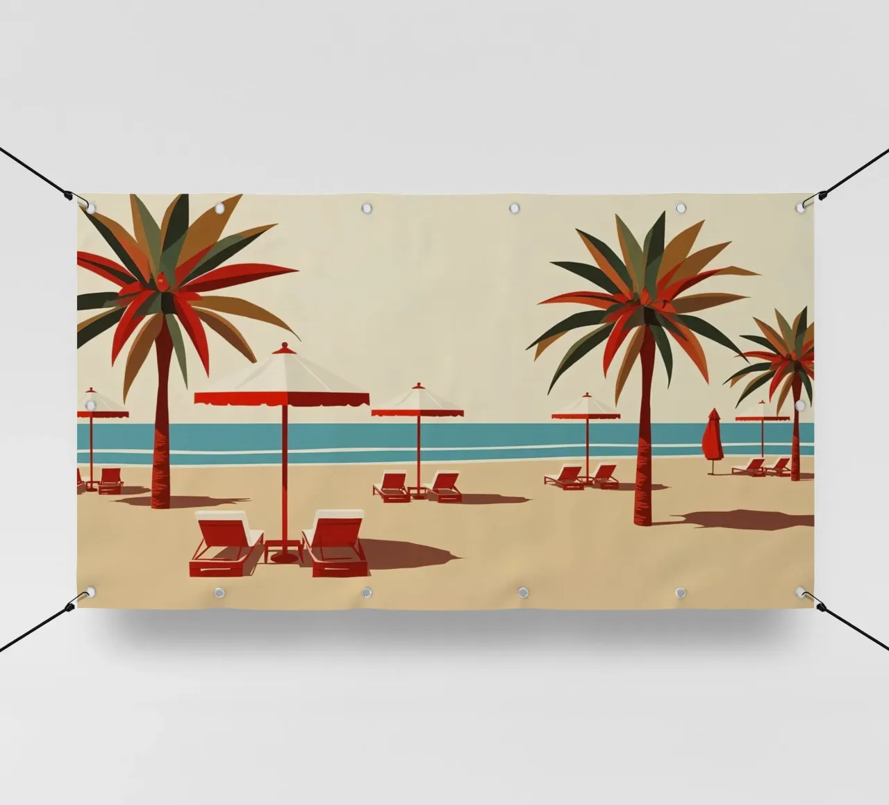 Scena di spiaggia con palme, ombrelloni e sedie a sdraio telo in pvc da DesignDoodle