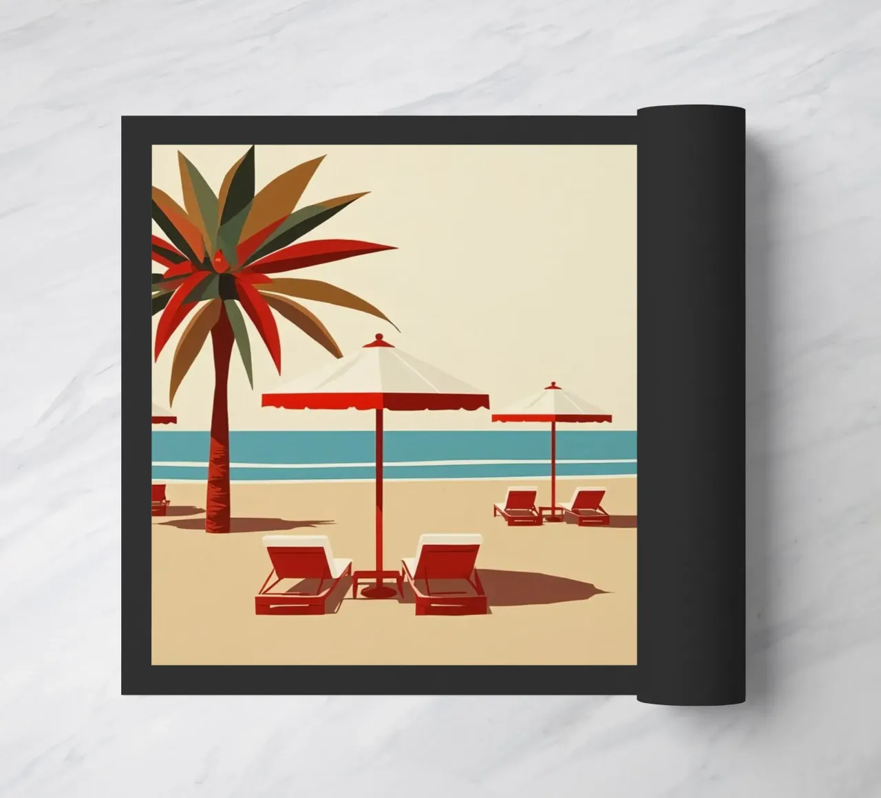 Scena di spiaggia con palme, ombrelloni e sedie a sdraio zerbino da DesignDoodle